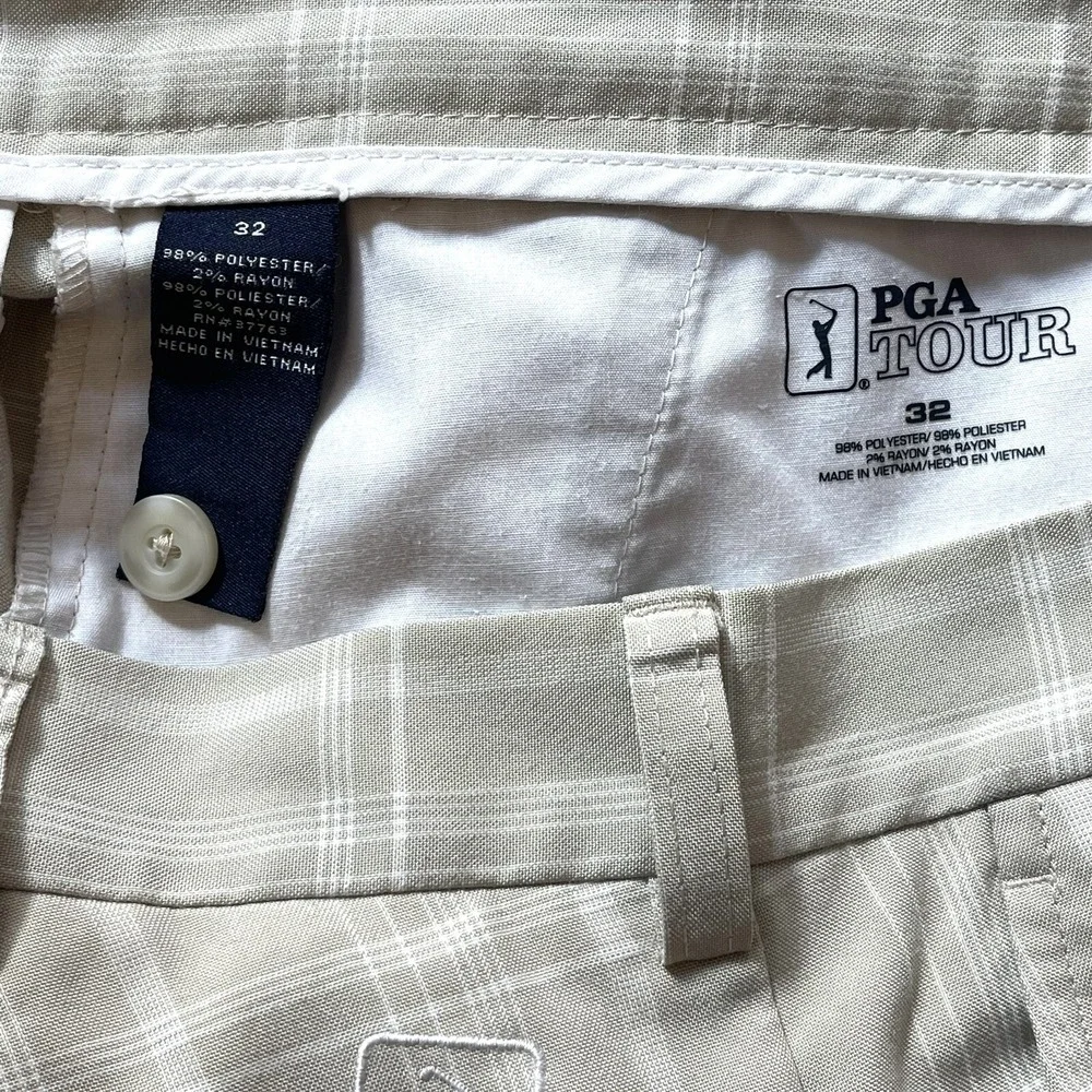 PGA TOUR GOLF SHORTS Plaid White/Beige Sz 32 100% Polyester - Picture 4 of 6
